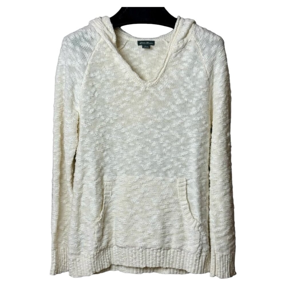NEW Eddie Bauer Westbridge Hooded Knit Sweater V-Neck Cream White Size Small